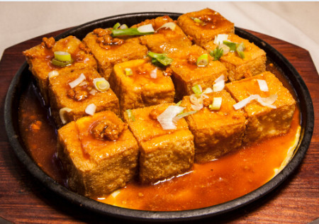 Egg Tofu on sizzling plate