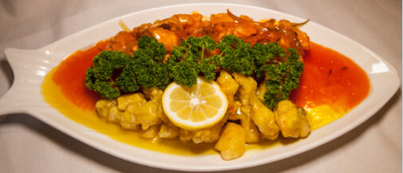 Fish fillets with sweet & sour sauce and lemon sauce