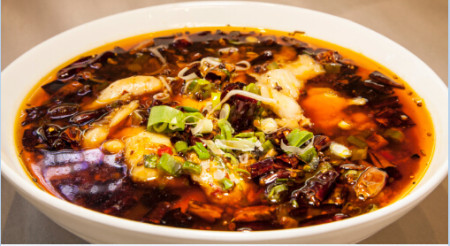 Sichuan style boiled fish pieces in firey sauce