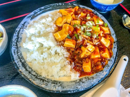 Mapo tofu on rice - with pork mince