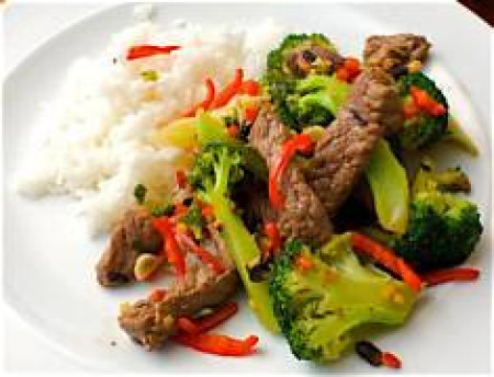 Black bean beef on rice