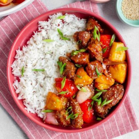 Sweet & sour pork on rice