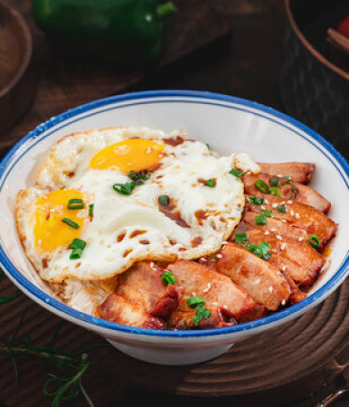 2 Pan fried eggs & BBQ pork on rice