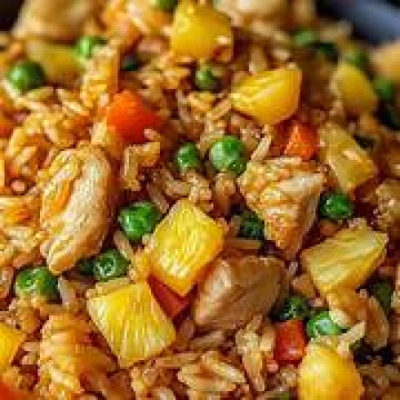 Hong Kong style satay chicken and pineapple fried rice